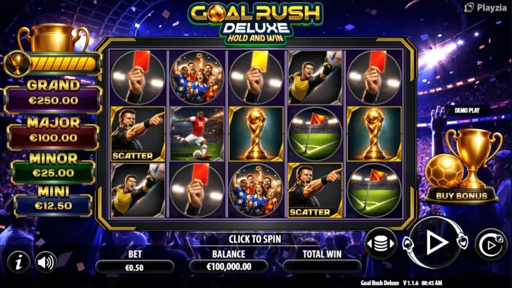 Goal Rush Deluxe Hold and Win স্লট গেমের ইন্টারফেস এবং ফুটবল থিম