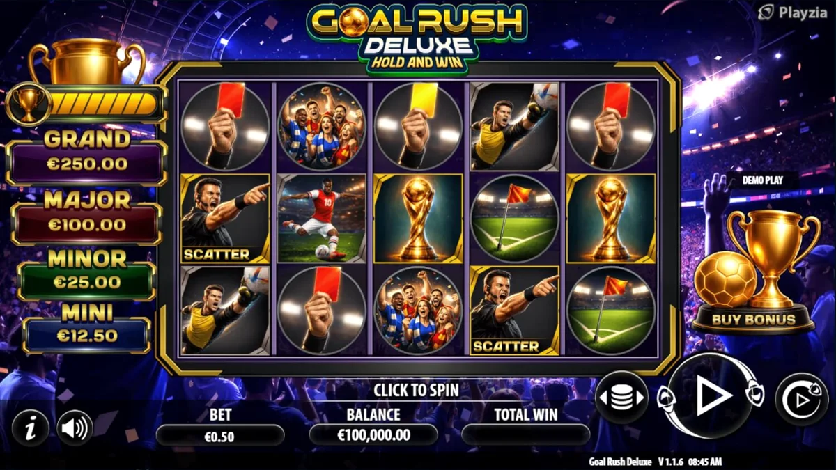 Goal Rush Deluxe Hold and Win স্লট গেমের ইন্টারফেস এবং ফুটবল থিম